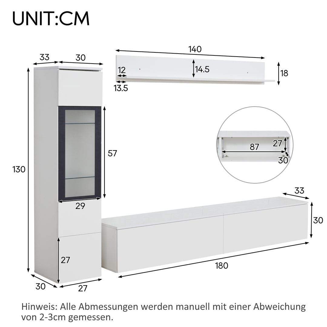 Modern white high-gloss 3-piece TV unit set with LED lighting and display cabinet CLOUDVALE