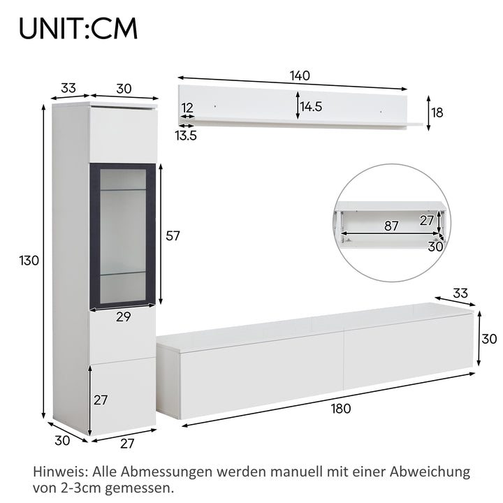 Modern white high-gloss 3-piece TV unit set with LED lighting and display cabinet CLOUDVALE
