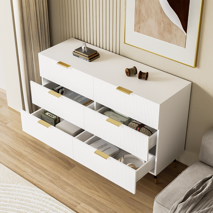 White and gold particle board storage sideboard with 6 drawers FERNGLADE UK