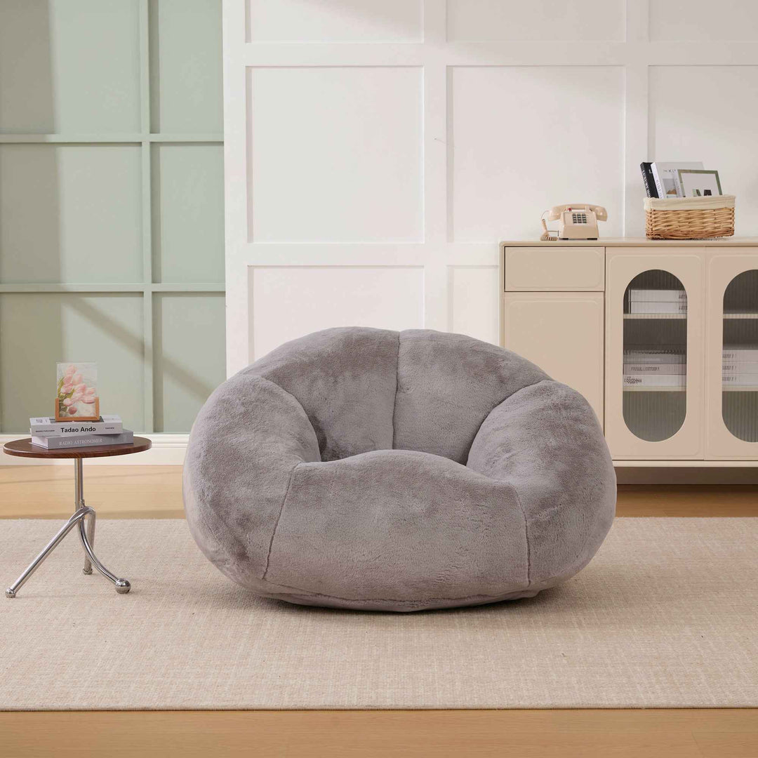Lazy chair shell shaped sofa light grey faux fur, memory foam bean bag chair removable cover
