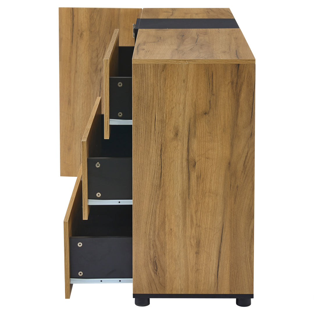 Wooden and Black Sideboard Cabinet with 3 Drawers, Glass Shelves and LED Lights 140 cm TRISHELF