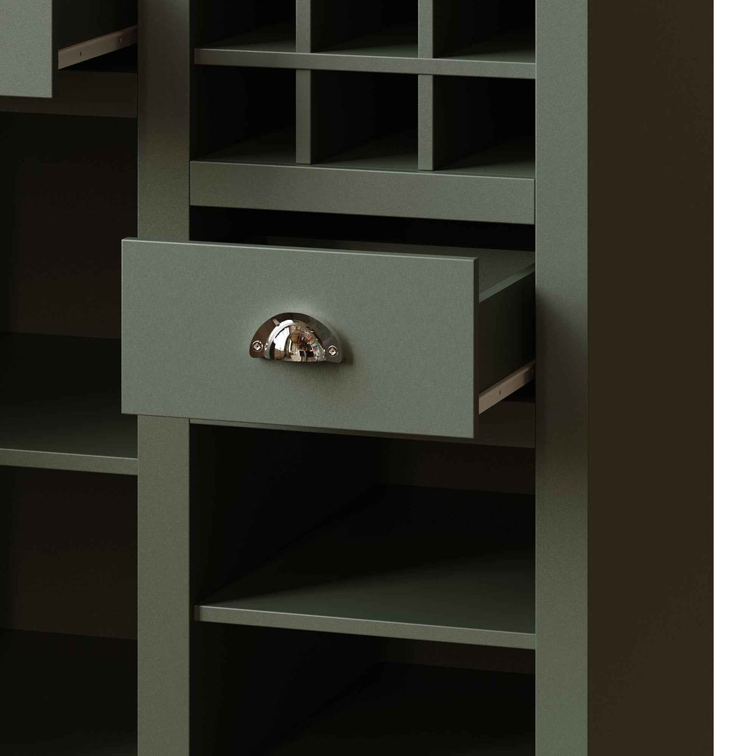 Kitchen hutche green cabinet glass doors LED lighting, wine rack, adjustable shelves