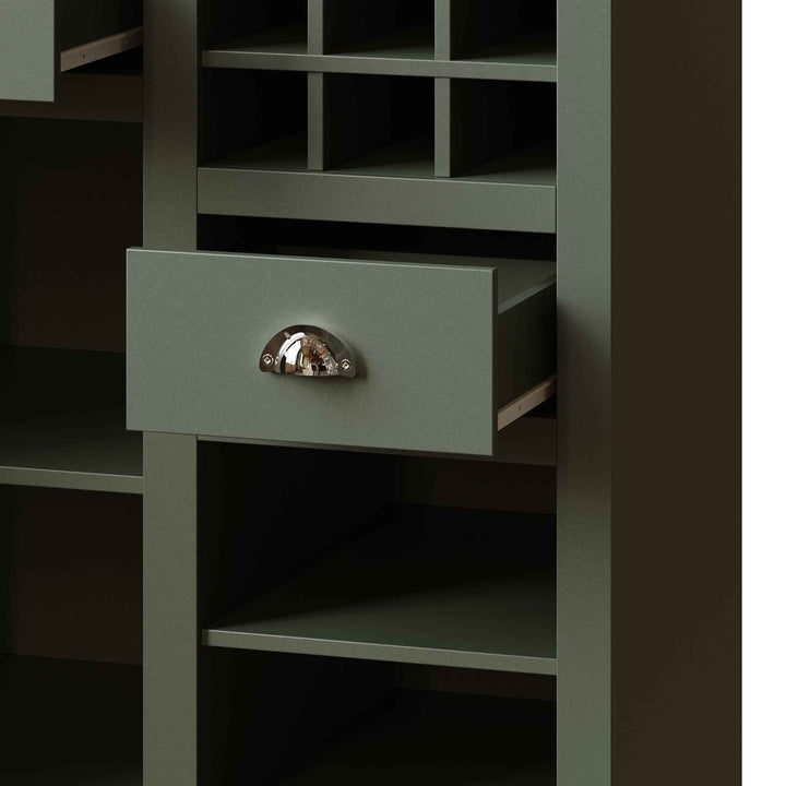 Kitchen hutche green cabinet glass doors LED lighting, wine rack, adjustable shelves