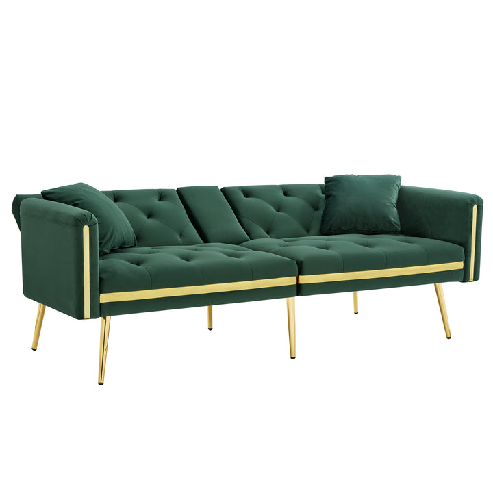 Green tufted velvet 2-seater sofa bed with adjustable backrest and hidden cup holders golden accent HYDROPON