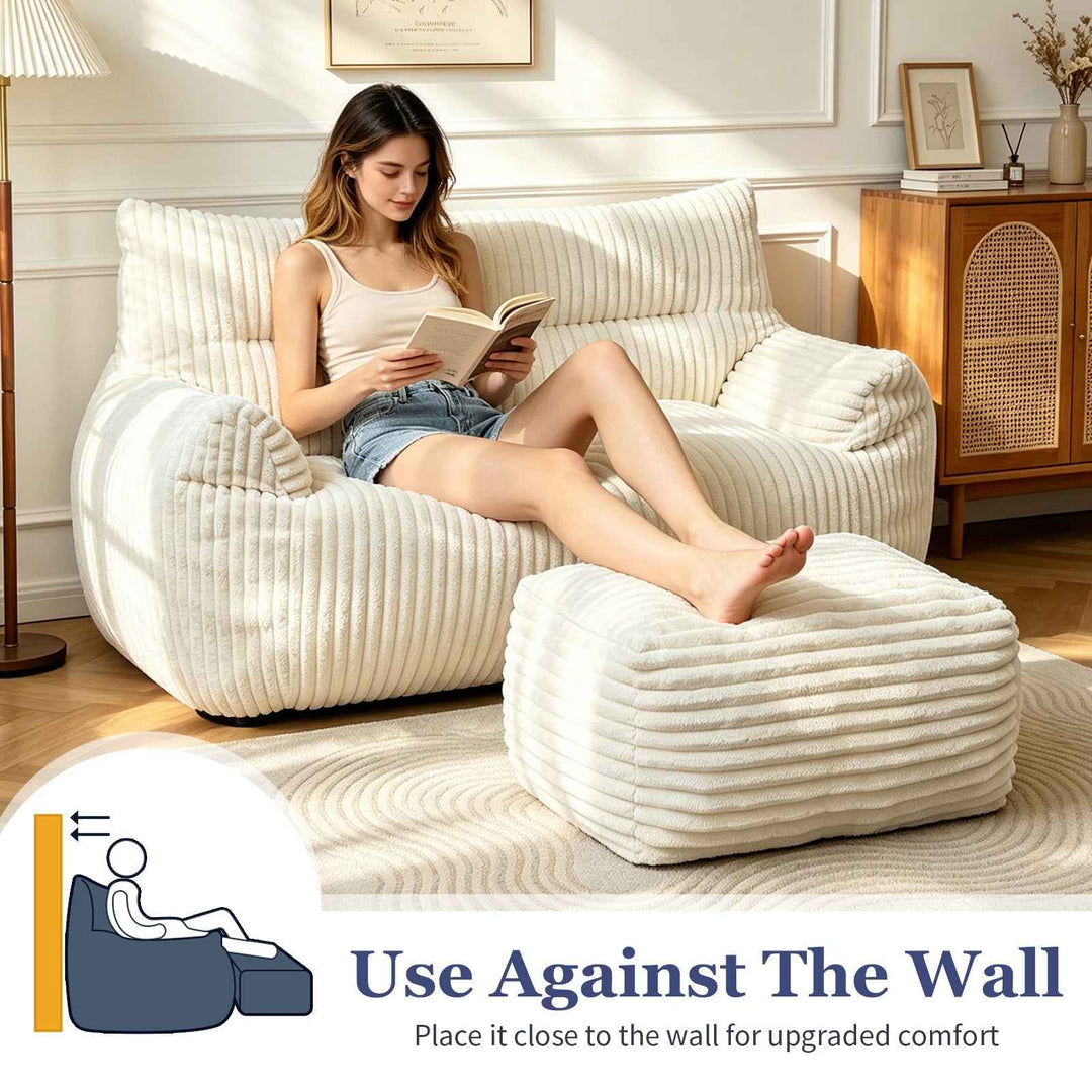 2-Seater Corduroy Lazy Sofa with Ottoman, Oversized Striped Floor Couch, No Assembly, Ergonomic, White, for Bedroom, Living Room, Small Apartment