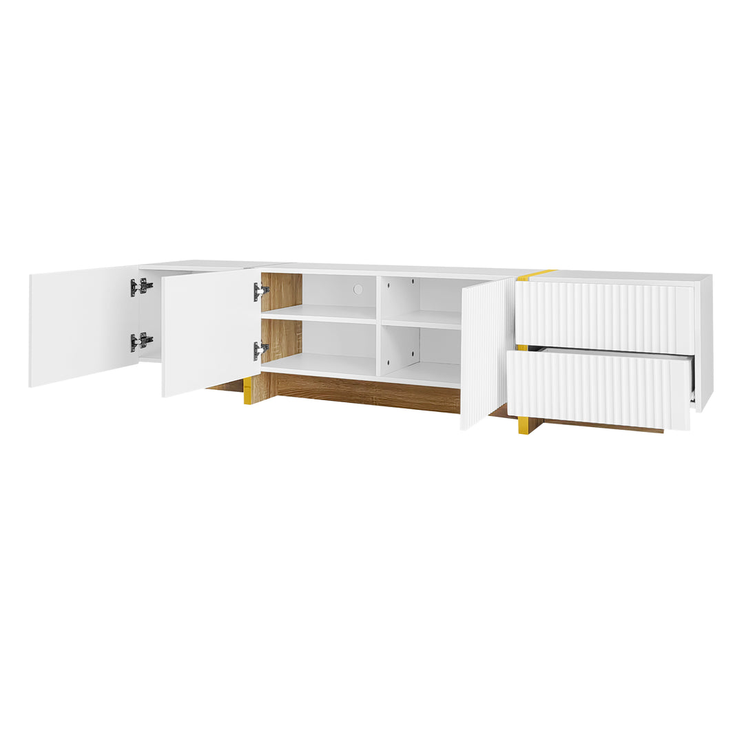 White fluted TV cabinet 3 doors, 2 drawers 190cm gloden accent CONNECTIV