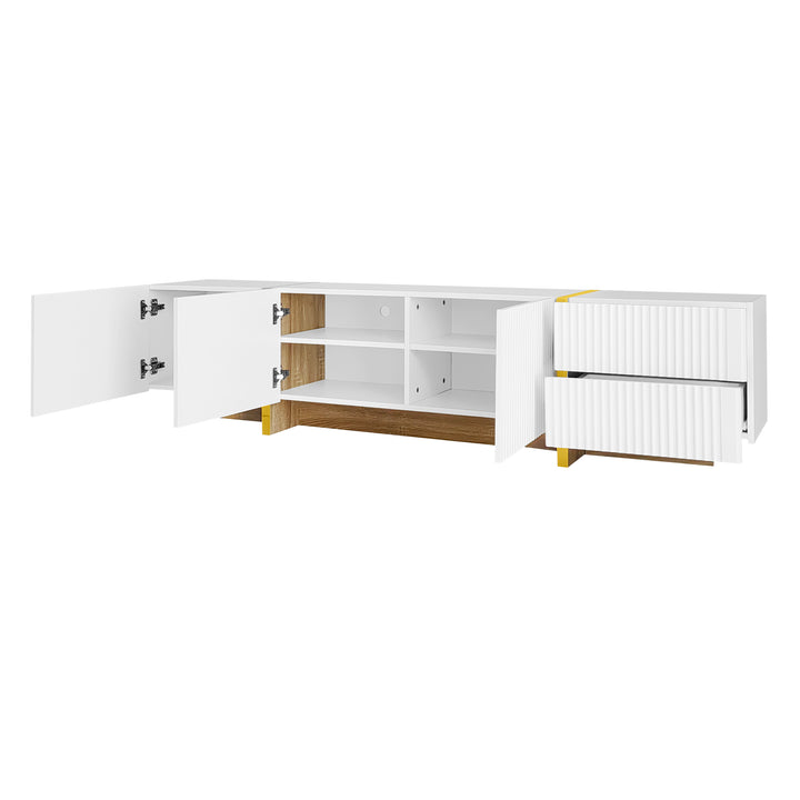 White fluted TV cabinet 3 doors, 2 drawers 190cm gloden accent CONNECTIV