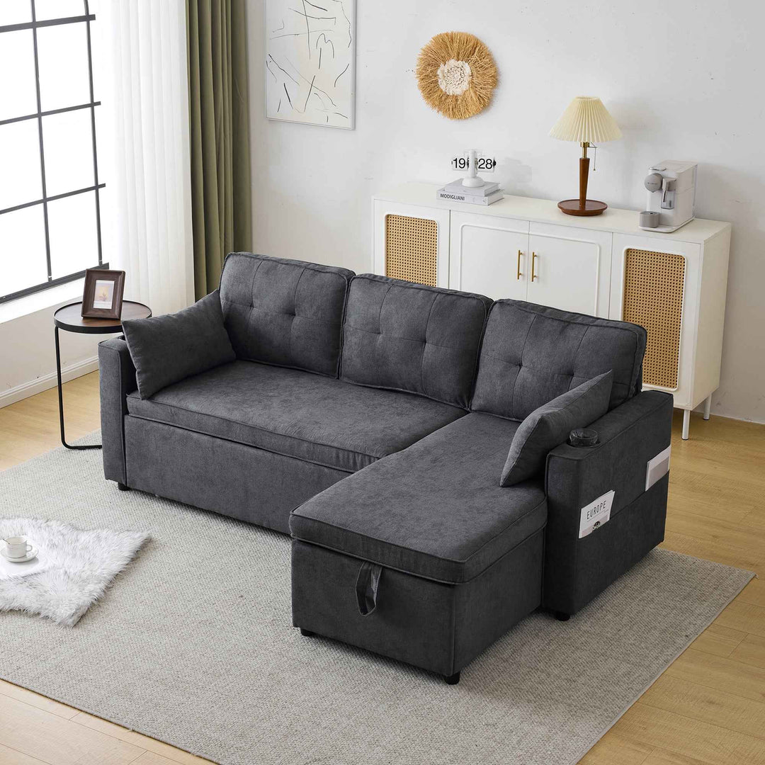 00+缺图 Sofa Bed 3-Seater Grey Cotton Linen L-Shaped Sectional with Reversible Storage Chaise VASEMARBLE