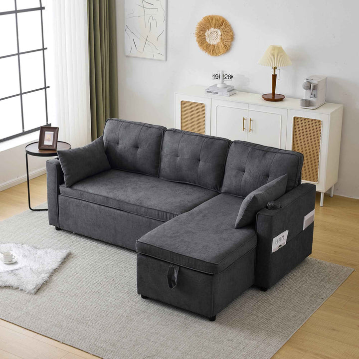 00+缺图 Sofa Bed 3-Seater Grey Cotton Linen L-Shaped Sectional with Reversible Storage Chaise VASEMARBLE