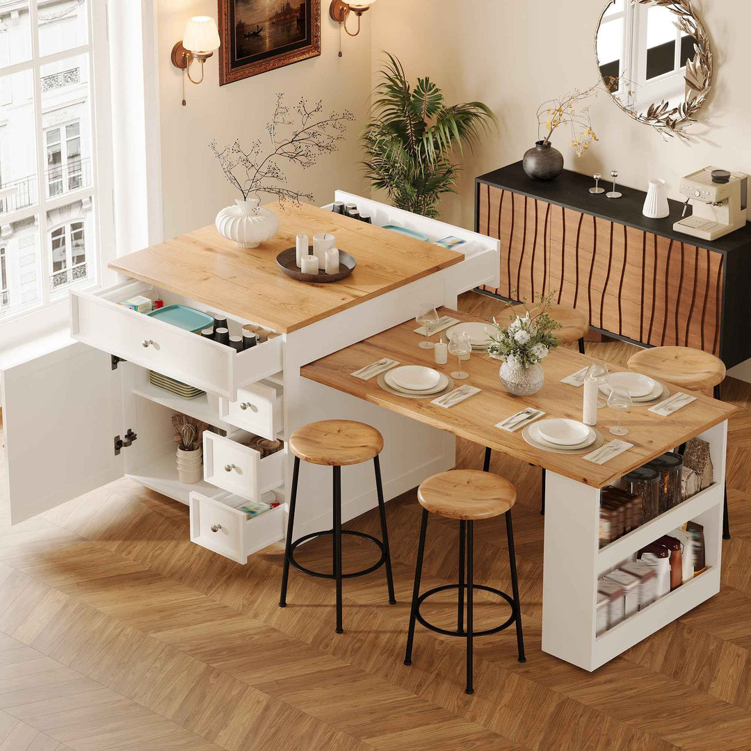 Kitchen Island with Extendable Tabletop (120-184cm), Drawers & Lockable Casters, MDF Wood-Look, White/Black – Mobile Counter for Kitchen, Dining & Bar