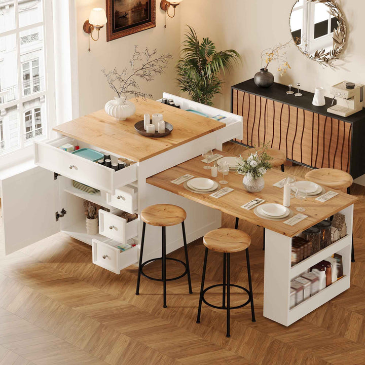 Kitchen Island with Extendable Tabletop (120-184cm), Drawers & Lockable Casters, MDF Wood-Look, White/Black – Mobile Counter for Kitchen, Dining & Bar