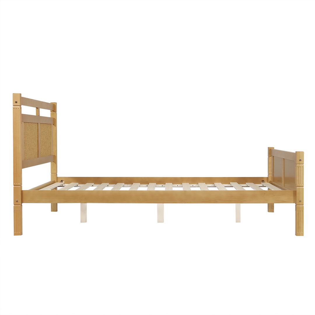 Wooden Double Bed 4ft6 (135x190cm), Solid Pine & MDF, Rattan Headboard, Sturdy Slats, Natural Finish, Versatile Style for Bedrooms SERENEORA