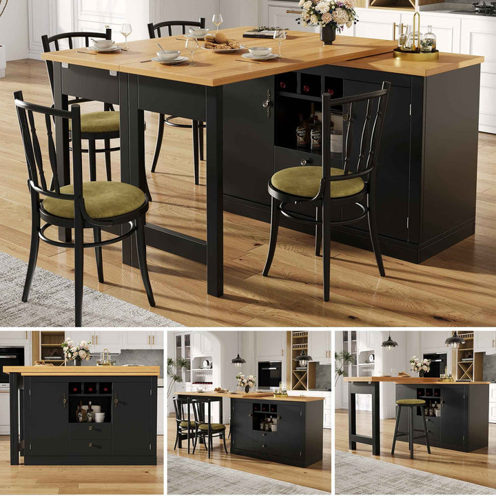Rotatable Bar Table 120-180cm Black MDF – Extendable Kitchen Island with Storage, Wine Rack, Adjustable Shelves, Space-Saving Design for Dining & Living Room