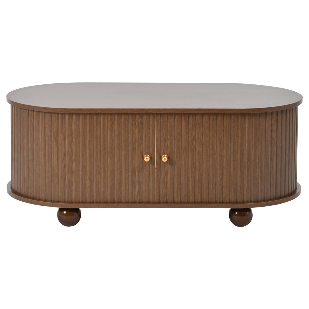 Retro wooden look oval coffee table with 2 sliding storage doors CUNEIFORMWEDGE