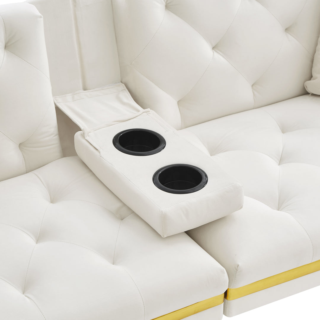 Beige velvet tufted 2-seater sofa bed with gold legs hidden fold-down cup holder COTTONPUFF