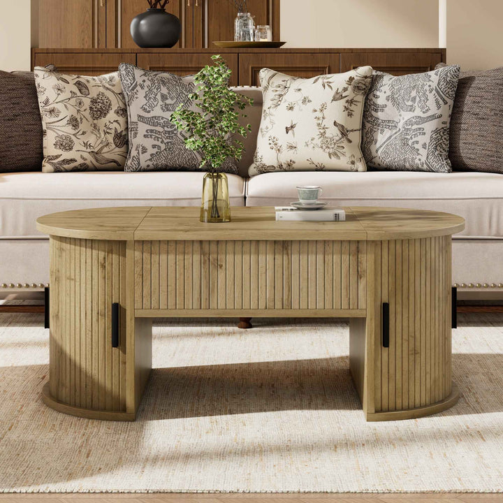 00+缺图 Retro Height-Adjustable Coffee Table, Wood 100 x 50 cm, Sliding Doors & Storage Shelves TRUNKBROWN