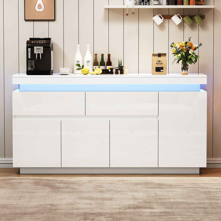 White High Gloss Sideboard 140x35x72.5cm with RGB LED, 4 Doors 2 Drawers, App Control, Modern Storage Cabinet for Living Room, Bedroom, Dining Room