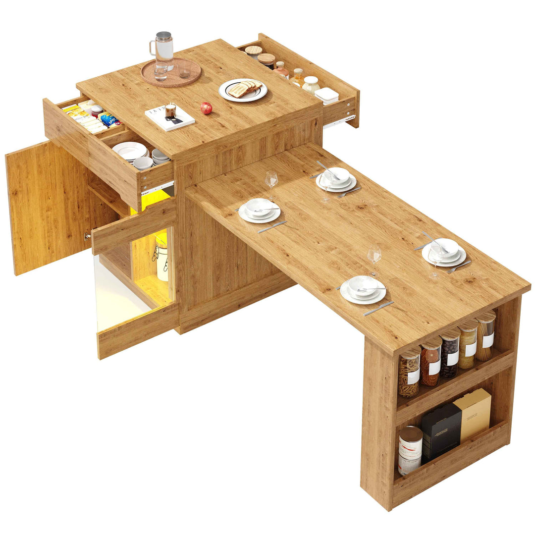 Kitchen island with extendable table, oak effect, LED glass door, 2 drawers INFINITECASC