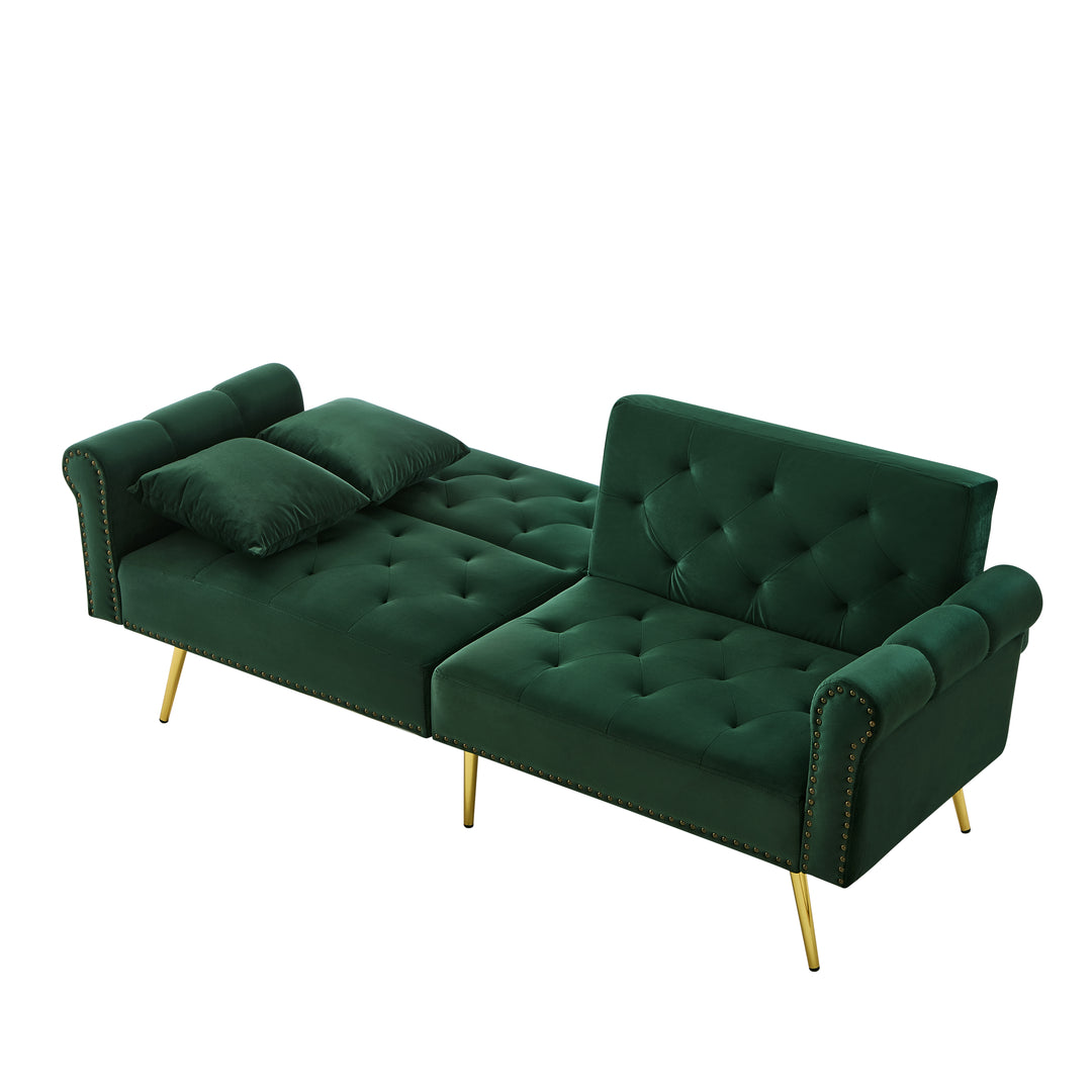 Green velvet 2-seater sofa bed with adjustable backrest and gold legs CAKDERA