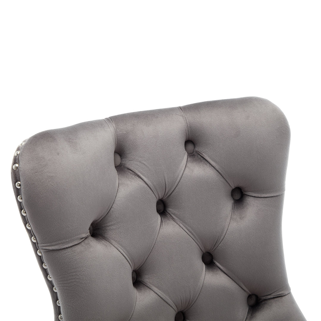 Set of 4 dining chairs velvet grey tufted with solid wood legs, nailheads and back chrome ring NOBLEE