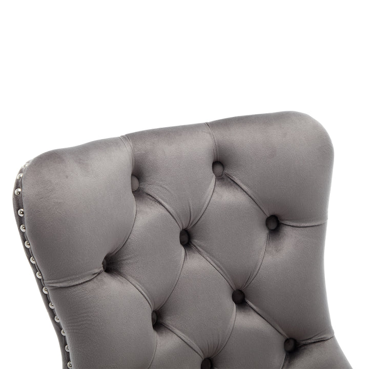 Set of 4 dining chairs velvet grey tufted with solid wood legs, nailheads and back chrome ring NOBLEE