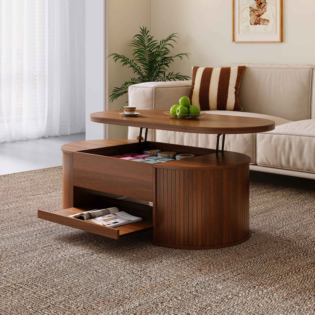 00+Lift-Top Coffee Table with Curved Wooden Sides for Living Room, Walnut CONCRETEORGANIZER