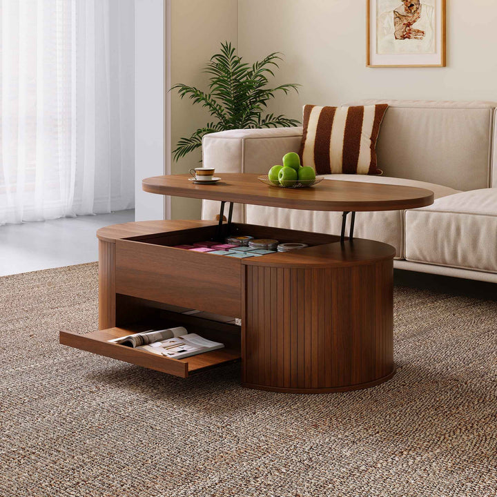 00+Lift-Top Coffee Table with Curved Wooden Sides for Living Room, Walnut CONCRETEORGANIZER