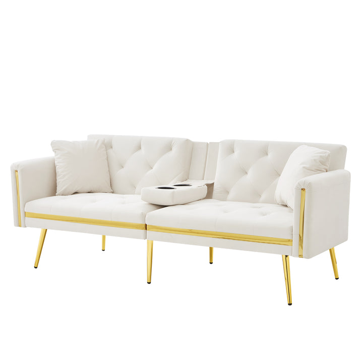 Beige velvet tufted 2-seater sofa bed with gold legs hidden fold-down cup holder COTTONPUFF