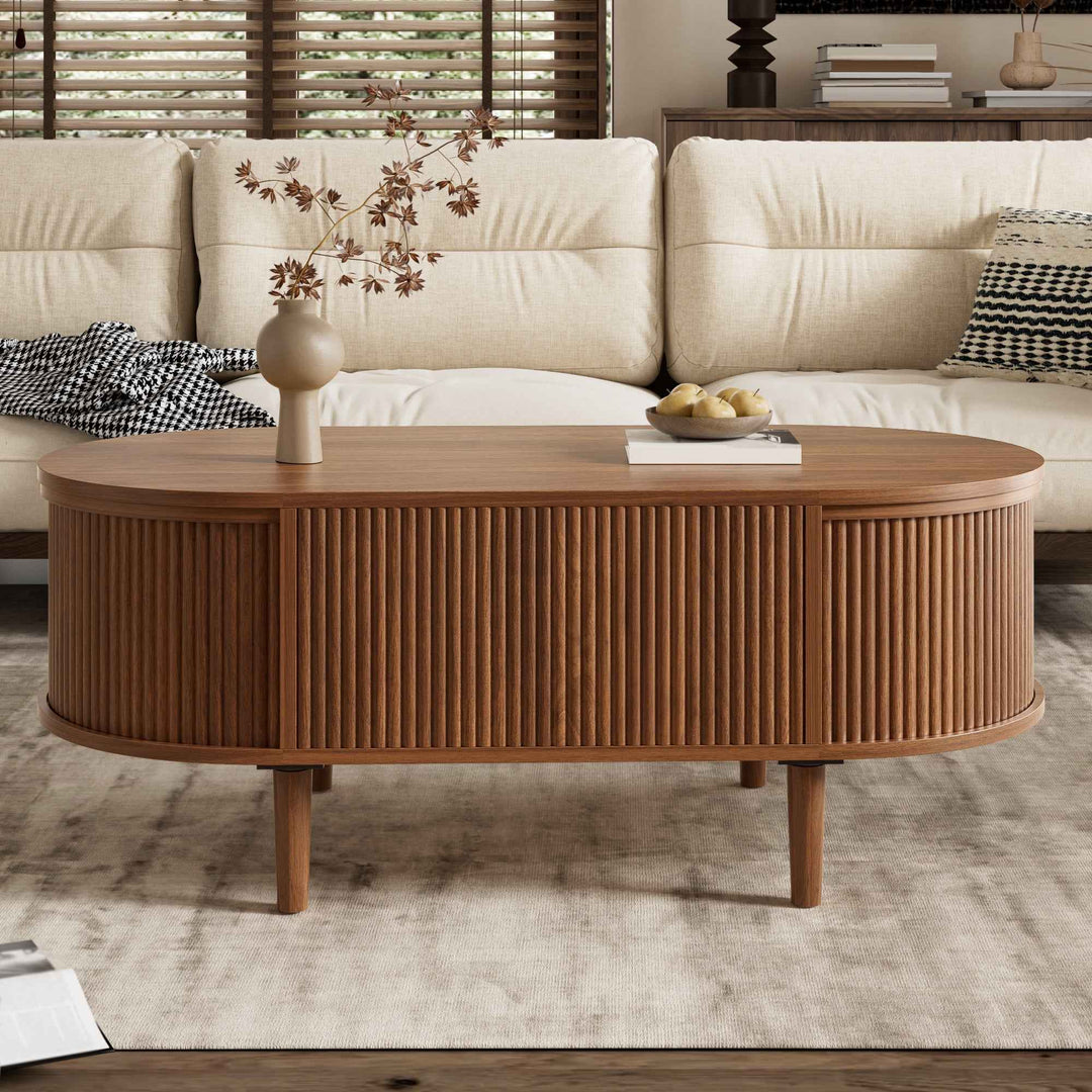 Walnut lift-up oval coffee table wave texture 100x48x40cm RACKCONCRETE