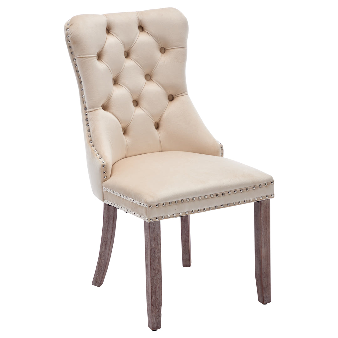 Set of 4 dining chairs velvet beige tufted with solid wood legs, nailheads and back chrome ring ELYSIUMAL