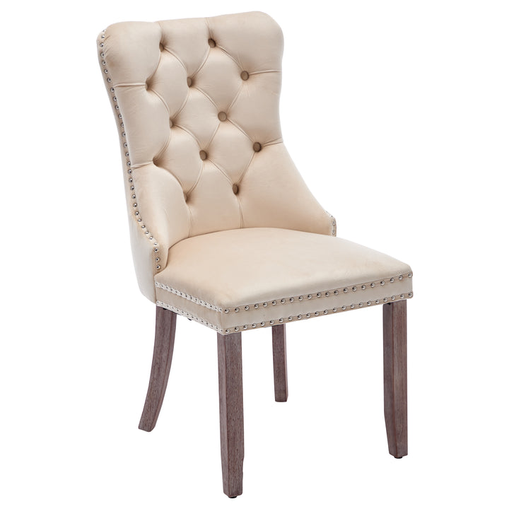 Set of 4 dining chairs velvet beige tufted with solid wood legs, nailheads and back chrome ring ELYSIUMAL