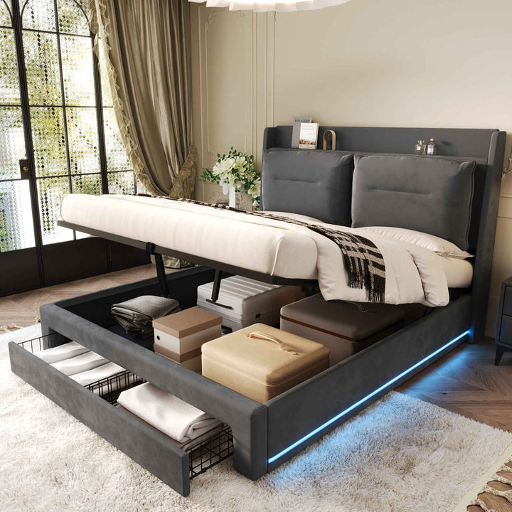 King Size Upholstered Bed 150x200cm Velvet Dark Grey with Hydraulic Storage, LED Lights, Drawers, Slatted Frame