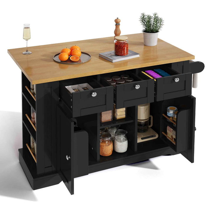 00+Kitchen Island on Wheels 132cm, Foldable Drop Leaf, MDF, Natural+Black, 3 Drawers, Spice Rack, Towel Holder, Charging Station VERTEXKORR