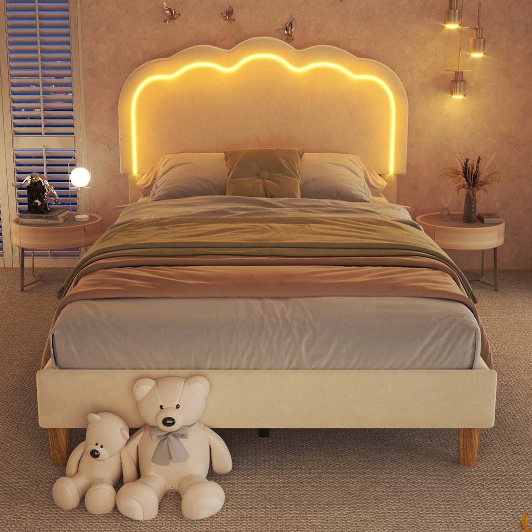 Beige velvet upholstered divan bed frame with LED, headboard height adjustable INDROX BEIGE UK