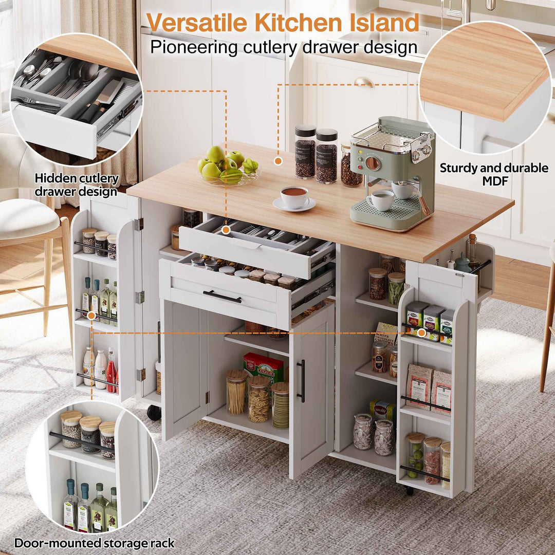 00+Kitchen Island on Wheels, White & Natural MDF, Foldable Tabletop, Adjustable Shelves, Storage Cabinets Rolling Trolley for Dining Room VERTEXZYR