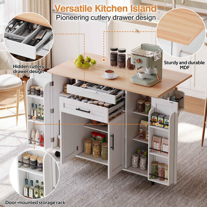 00+Kitchen Island on Wheels, White & Natural MDF, Foldable Tabletop, Adjustable Shelves, Storage Cabinets Rolling Trolley for Dining Room VERTEXZYR