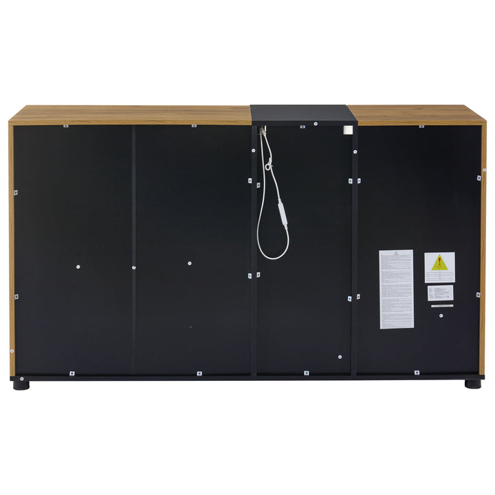 Wooden and Black Sideboard Cabinet with 3 Drawers, Glass Shelves and LED Lights 140 cm TRISHELF