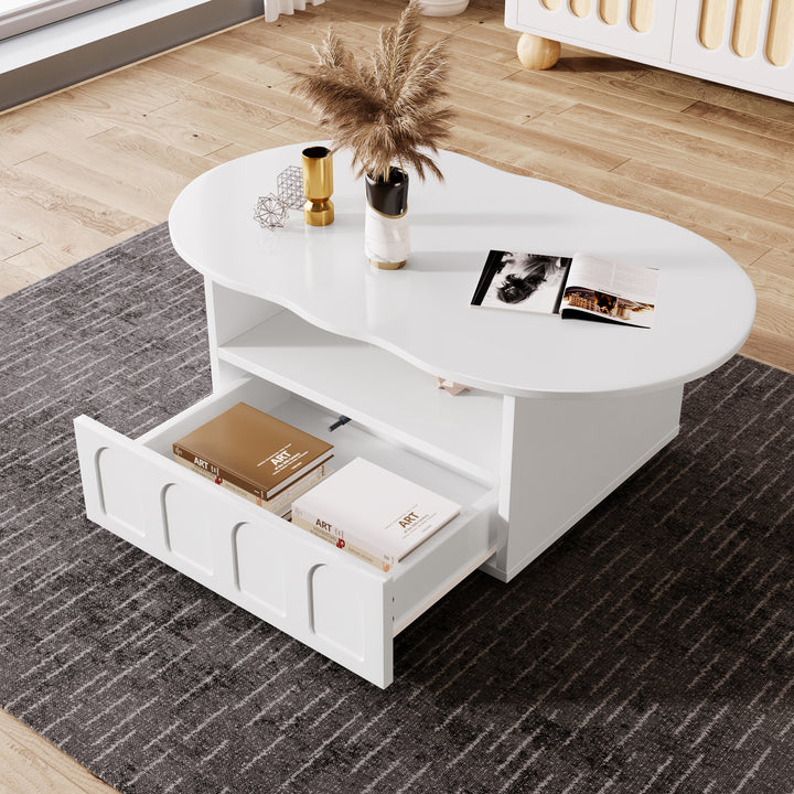 Modern oval white coffee table with push-to-open drawer CLOUDCREST