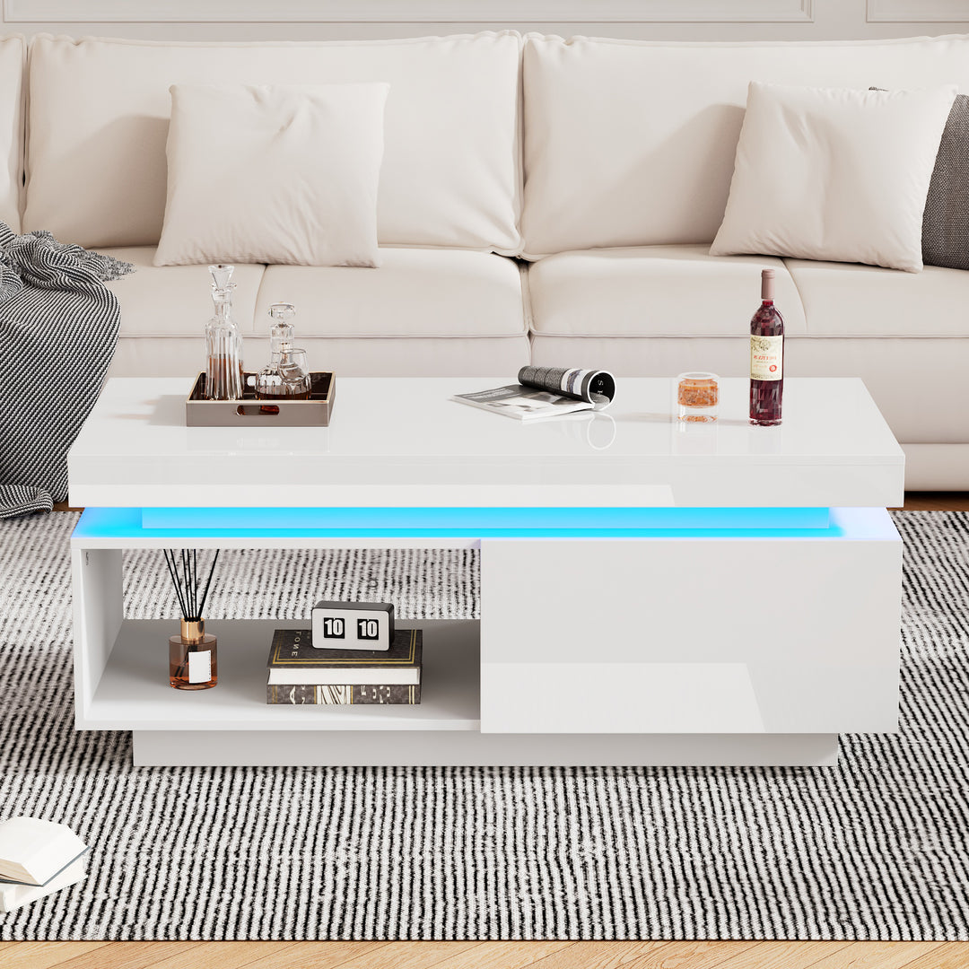 White high gloss coffee table with LED lights and storage 100 x 50 x 40 cm MAGNETOTAIL UK