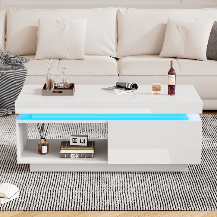 White high gloss coffee table with LED lights and storage 100 x 50 x 40 cm MAGNETOTAIL UK