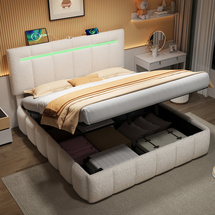Upholstered beige boucle divan double bed with storage LED lights 135x190cm MAGMASWELL UK