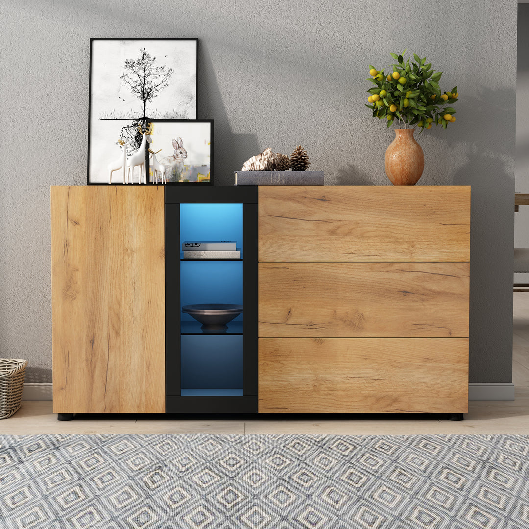 Wooden and Black Sideboard Cabinet with 3 Drawers, Glass Shelves and LED Lights 140 cm TRISHELF