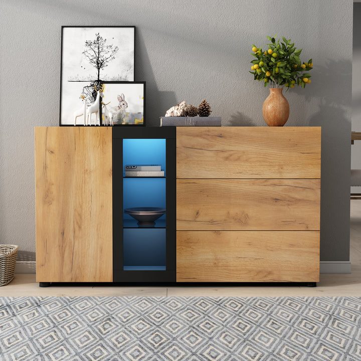 Wooden and Black Sideboard Cabinet with 3 Drawers, Glass Shelves and LED Lights 140 cm TRISHELF