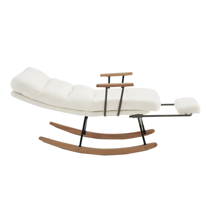 White boucle fabric nursery rocking chair with glider footrest PATINA UK