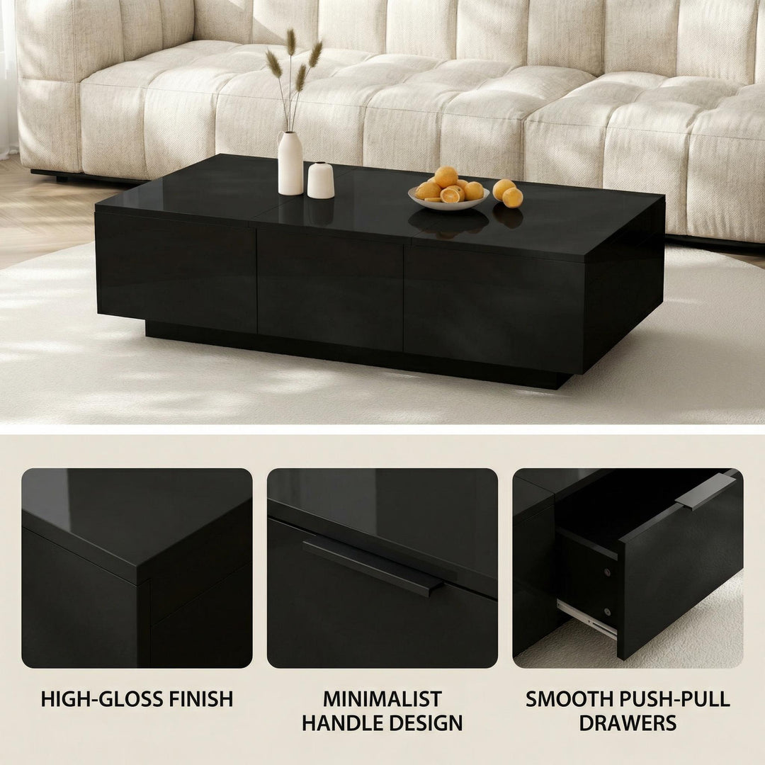 Black high-gloss coffee table with push-pull storage and double-sided drawers ELYSIUMIST