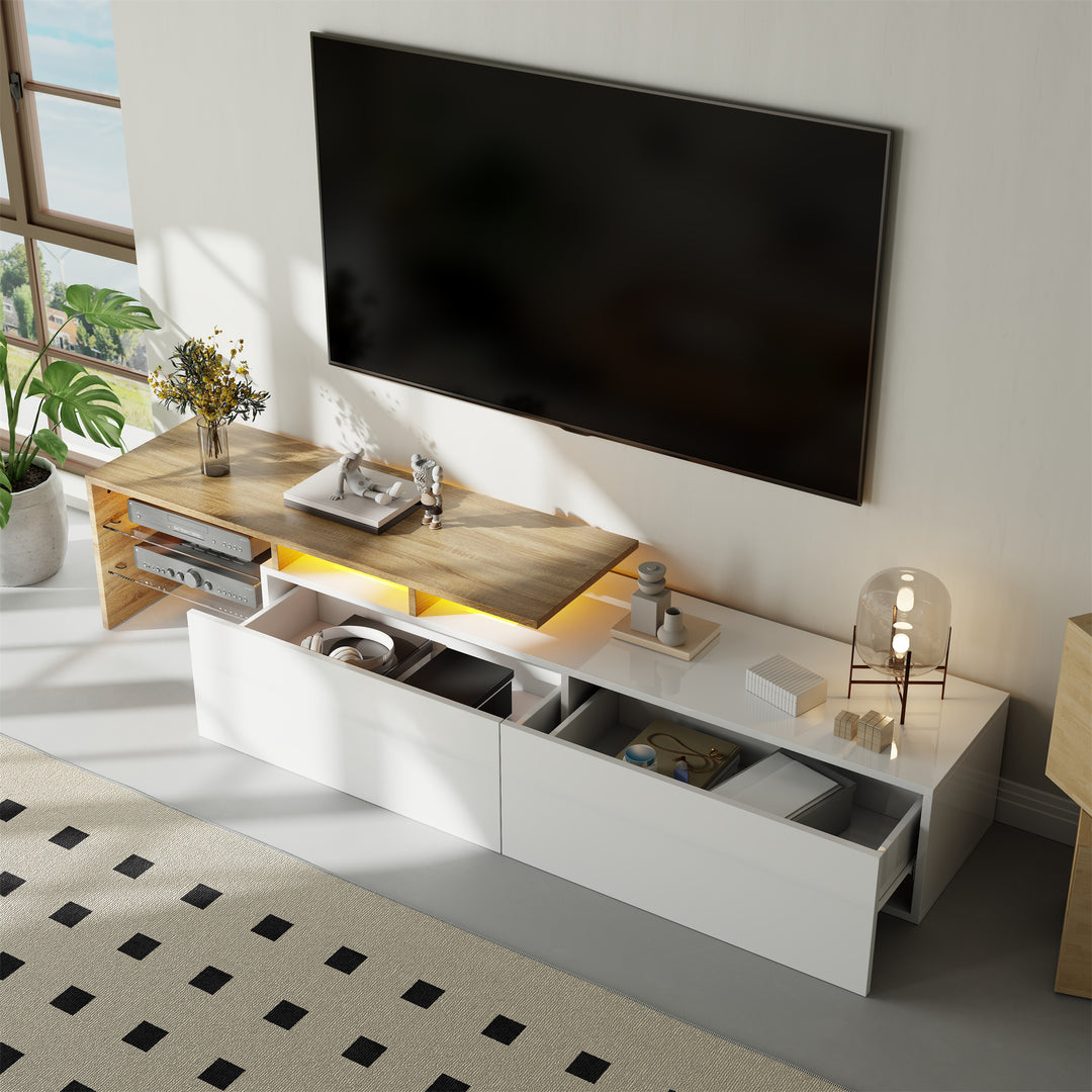 White hihg-gloss TV cabinet storage space, wood look, glass shelves, LED lighting MOLD