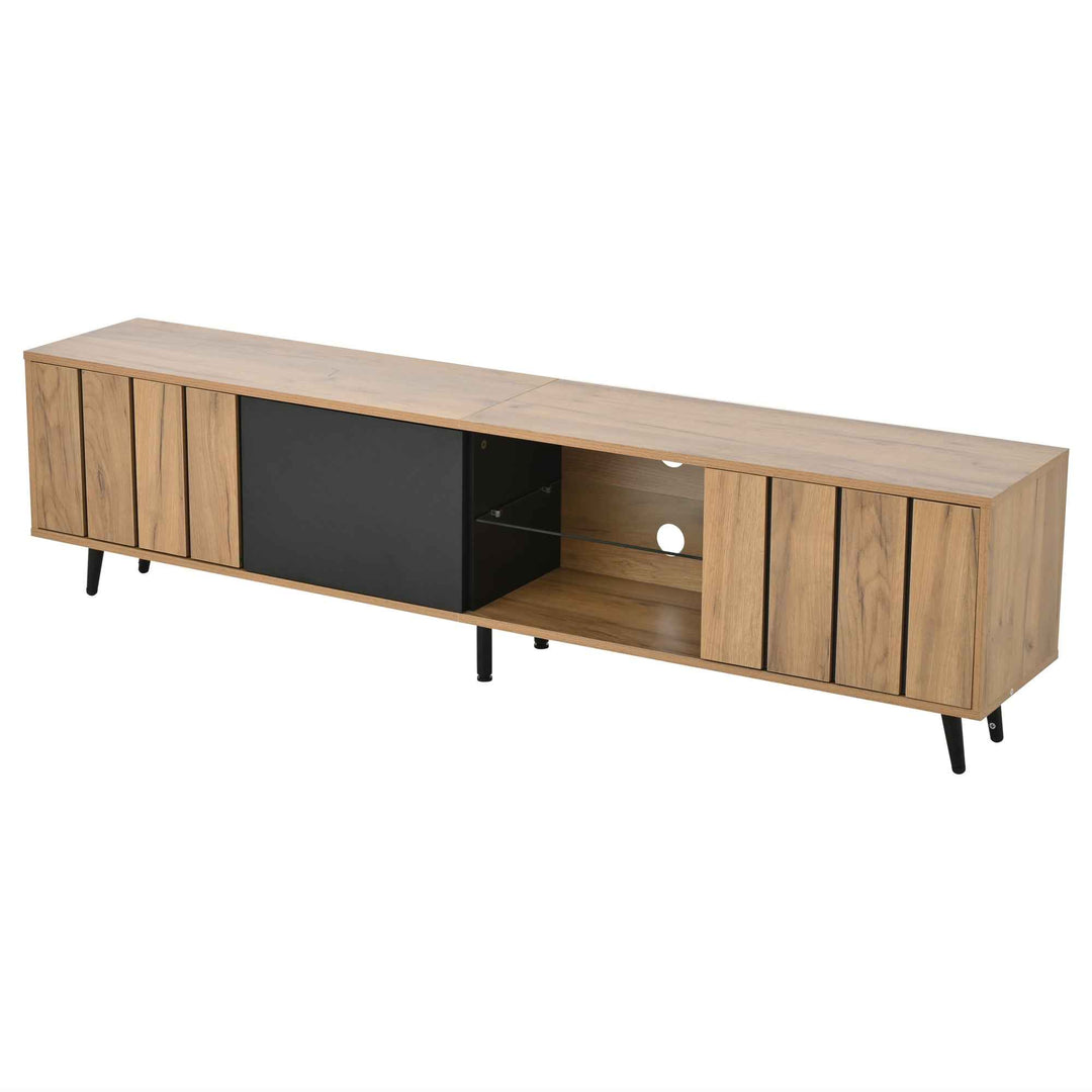 TV stand cabinet wood look & black, 3 doors glass shelf FLAREKRYOS