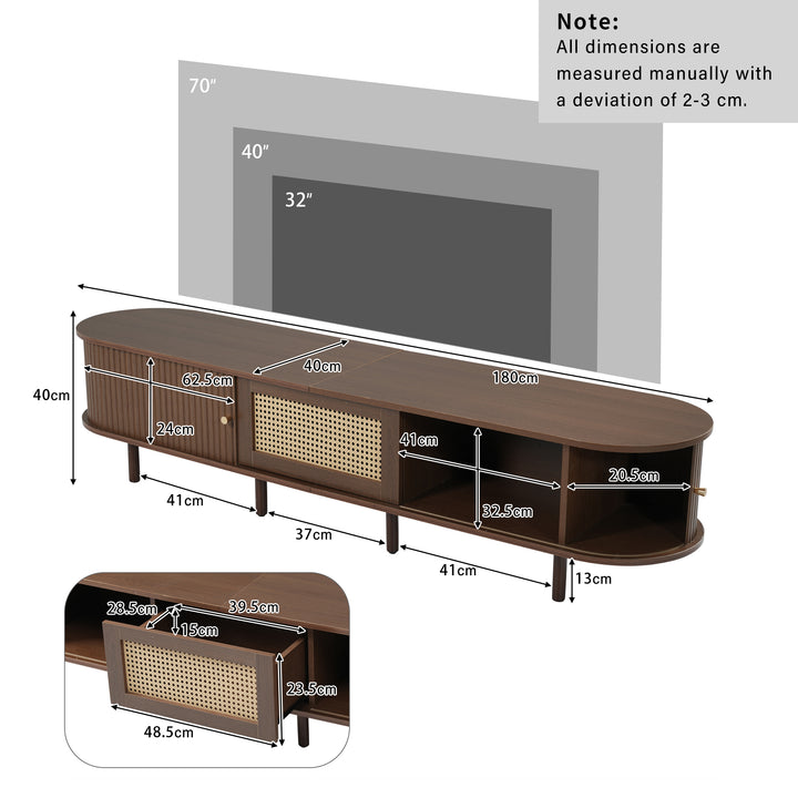 Retro walnut TV stand oval rounded corners 2 slide doors 180×40×40cm SOREN
