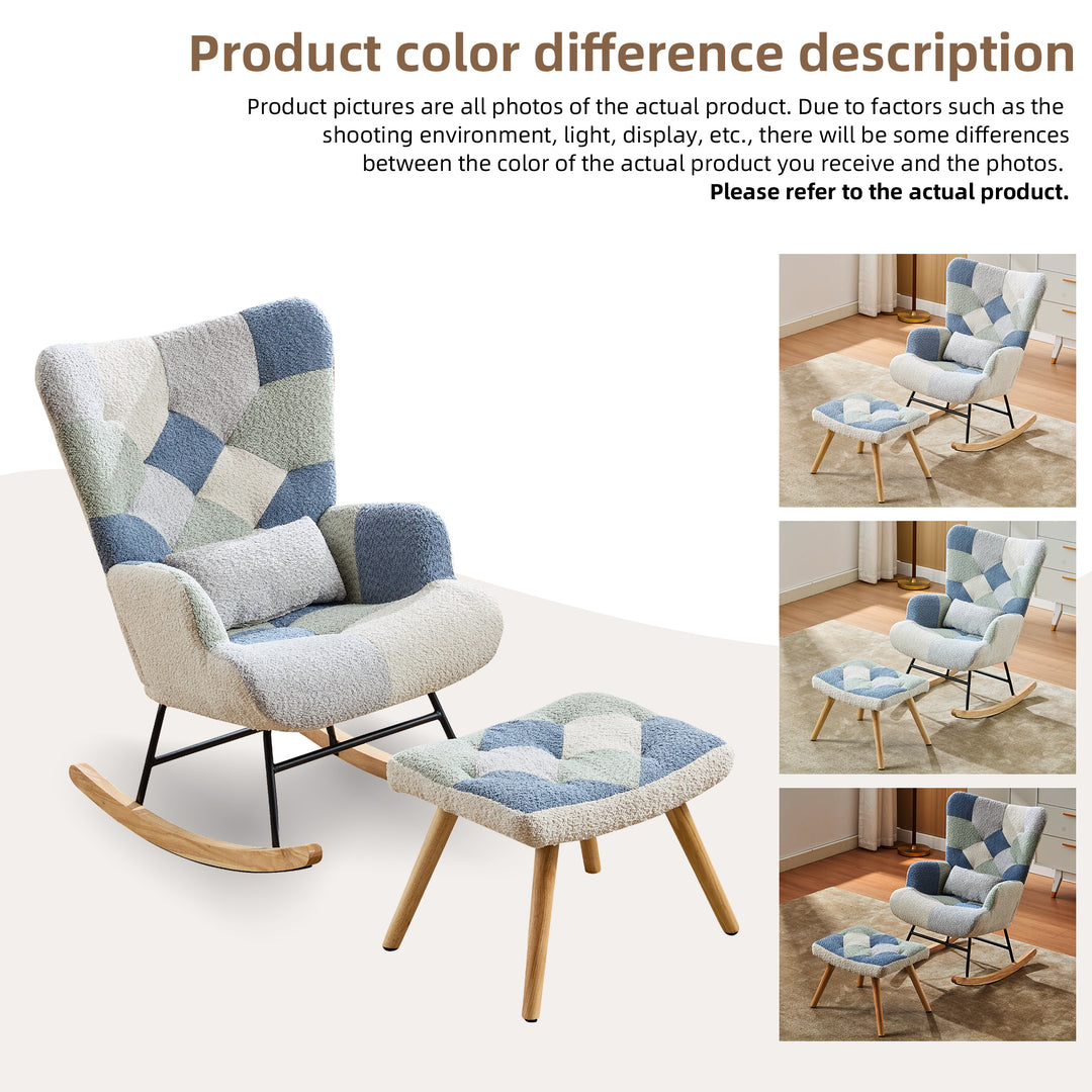 Fabric white blue patchwork rocking chair with solid wood legs and footstool MORASSSLOP