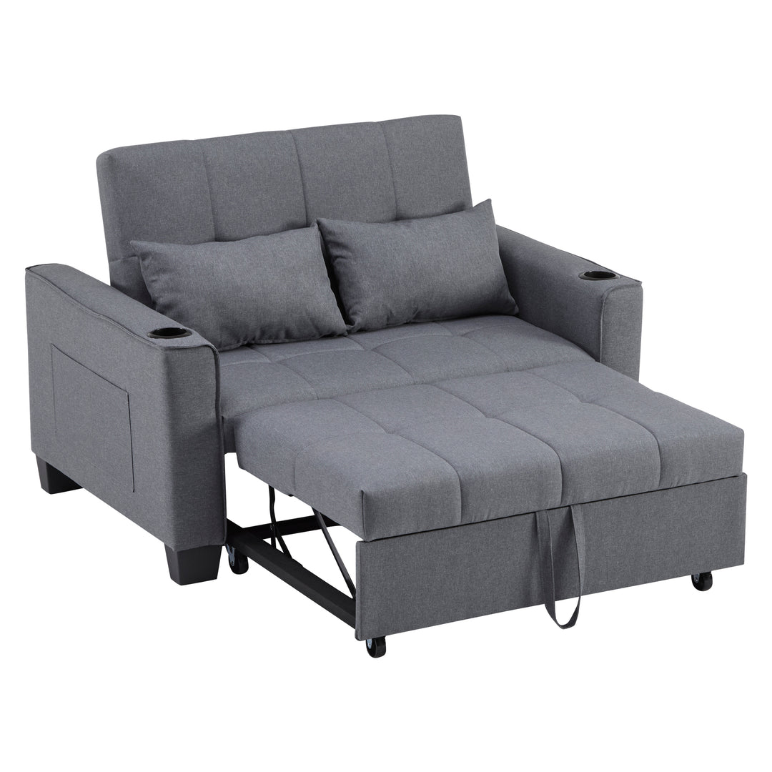 Gray fabric convertible 2-seater sofa bed pull-out design, adjustable backrest, and storage FROSTSTONE